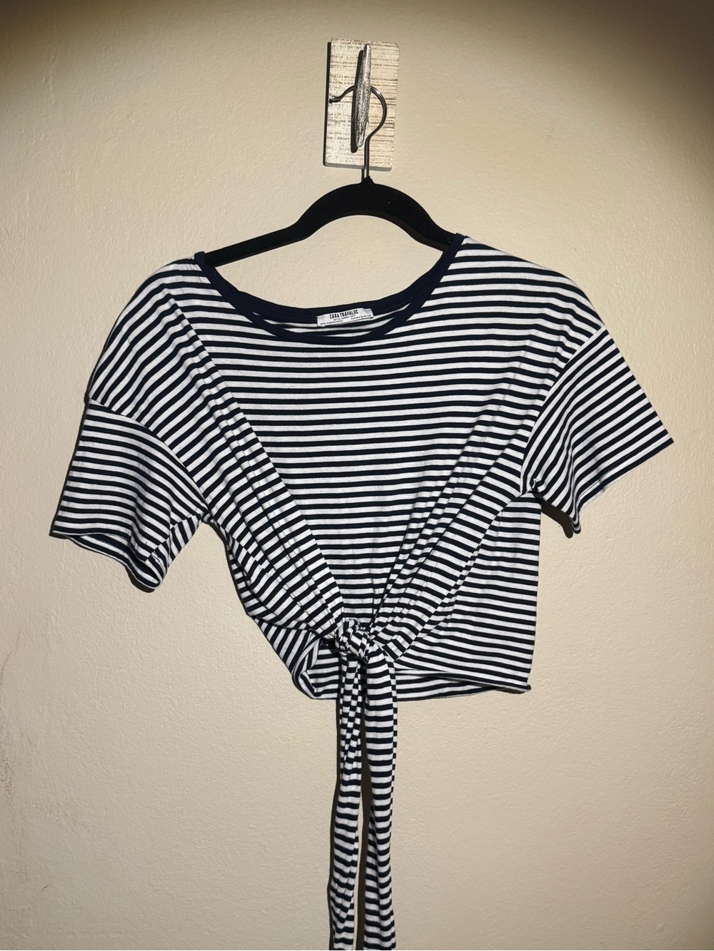 Zara Navy & White Striped Tie-Front Crop Top